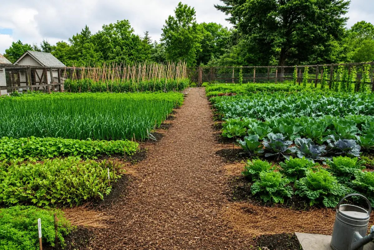 Organized vegetable garden with raised beds and diverse crops, demonstrating succession planting, organic farming, and continuous seasonal harvests.
